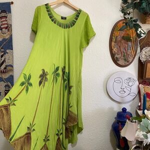 Vintage‎ Sakkas women's OS Palm Tree Tropical Maxi Dress Hawaiian Lime Green